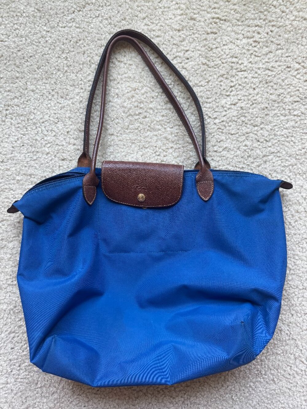Longchamp Le Pliage Large Nylon Shoulder Tote Royal Blue Brown Leather